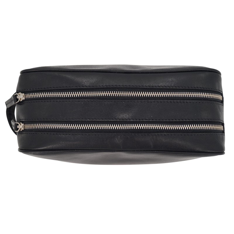 GERMANUS Black Leather Toiletry Bag, black, Toiletry bag with zips