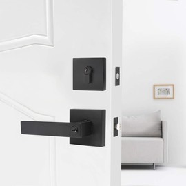 KNOBWELL 2 Pack Front Door Entry Lever Lockset and Single Keyed Square Deadbolt Combination Set, Heavy Duty, Matte Black (Keyed Alike)