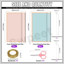 Swpeet 40 Sheet Gold Edge Pastel Pink & Clear Sky Blue Flower Wrapping Paper with Floral Picks Card Holders Ribbon Roll and Scissors Kit, Florist Supplies Bouquet Packaging Paper for Wedding