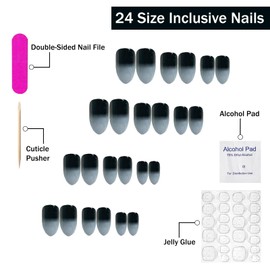 Medium Press on Nails Almond SWEKKE French Fake Nails Blue Gradient Full Cover Black False Nails with Nail Glue Glossy Glue on Nails Acrylic Manicure Artificial Nails for Women Girls 24Pcs