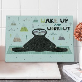 Ambesonne Funny Sloth Cutting Board, Wake up and Work out Lettering Morning Yoga Challenge Print, Decorative Tempered Glass Cutting and Serving Board, Large Size, Charcoal Grey Multicolor