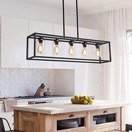 Aiwen 5-Light Kitchen Island Lights Farmhouse Metal Chandelier Industrial Rectangle Linear Pendant Lighting, Black, DK-CIC-B5