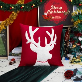 BRAWARM Christmas Pillow Cover 18 X 18 Inches, Christmas Red Reindeer Embroidered Pillow Cover, Soft Velvet Decorative Throw Pillow for Couch Bed Sofa Living Room Home
