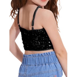 CharmWM Girls Sleeveless Tank Top Sequin Spaghetti Strap Crop Cami Camisole Sparkly Dance Blouse Black