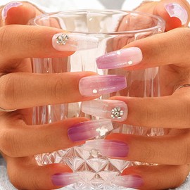 Sethexy Purple Handmade Fake Nail Long Coffin Press on Nails Glitter Gradient Glossy Salon False Nails with Design Arcylic for Women and Girls 10PCS (W)