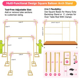 JEBUTU JEBUTU Square Backdrop Stand, Wedding Arch Heavy Duty Adjustable Stand, Over The Table Rod Stand with Clamps, Metal Gold Garden Balloon Frame for Baby Shower Party Decoration