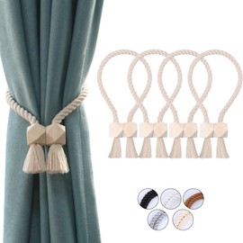 OCIOLI 4 Pack Strong Magnetic Curtain Tiebacks Curtain Holdbacks Outdoor Curtain Tiebacks Cotton Hand Woven Tie Backs Drapery Holdbacks Curtain Ties for Drapes (Beige, 4)