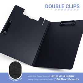 WORPSON Clipboard Folder, Brushed Texture 360 Degree Foldable Clipboard, Letter / A4 Size with Pen Holder and Vertical Double Metal Clips, File Cover Work Folder Clipboards (Black - 5 Pack)