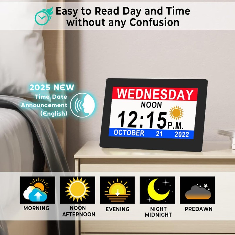 MASSII 8 Inch Large Dementia Clock 19 Alarms with Auto