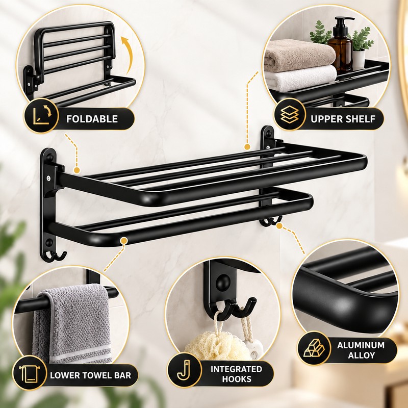 Foldable Wall Mount Towel Rack with Hooks – Black Steel