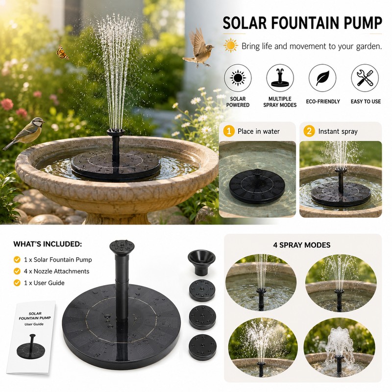 Solar Fountain Pump for Bird Baths – Floating Water Feature