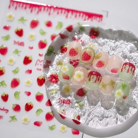 Strawberry Nail Art Stickers 5D Kawaii Strawberry Jelly Embossed Nail Decals Cute Strawberry Flower Sweet Summer Nails Design Adhesive Sliders Fruit Leaf Manicure Stickers for Nails Art Decorations
