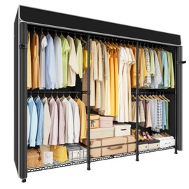 ULIFHOME E14C Heavy Duty Closet Organizer System，Freestanding Clothing Racks for Hanging Clothes，Adjustable Garment Rack 70.1" W × 16.6" D × 76.4" H Hold 960 lbs，Black Rack with Black Dustproof Cover