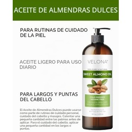 velona Aceite de Almendras Dulces - 16 Oz  Aceite Transportador Puro y Natural  Refinado, Prensado En Frío  Hidratante para Piel, Cabello, Cuerpo y