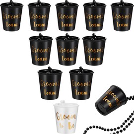12 Pieces Team Bride/Groom and Bride/Groom To Be Plastic Beaded Bridal Shot Glass Necklace Pink/Black and White with Gold Foil for Bachelor/Bachelorette Party Bridal Party Necklaces (Groom Style)