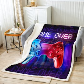 Loussiesd Gamer Fleece Throw Blanket Teens Boys Gaming Video Game Sherpa Blanket Red Blue Gradient Gamepad Plush Blanket Soft Lightweight Fuzzy Blanket for Sofa Bed Black Teal Single 50"x60"