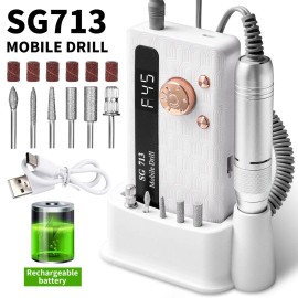 Portable Rechargeable 45000RPM Electric Nail Drill Kit with 11 Bits & LED Screen Ultra-Silent and Base Includedcolor: White Color