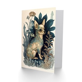 Artery8 Chihuahua Dog With Floral Pattern Fur Coat Modern Portrait in Flower Field Illustration Art Birthday Sealed Greeting Card Plus Envelope Blank inside