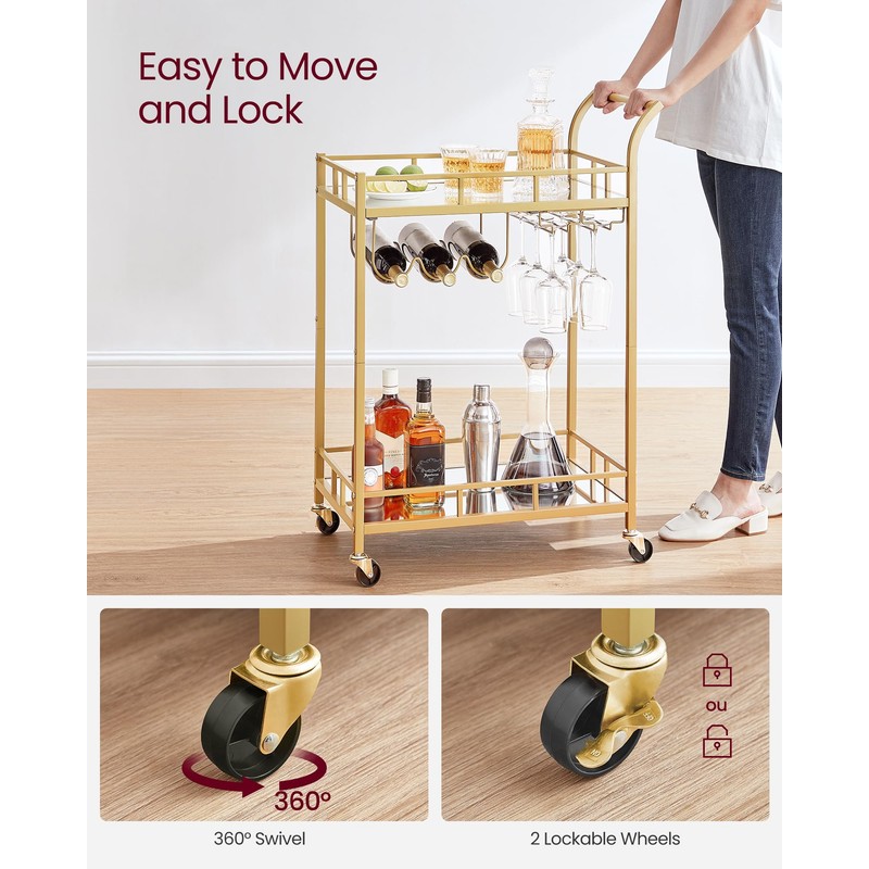 VASAGLE Bar Cart Gold, Home Bar Serving Cart, Wine Cart