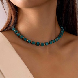 Inilbran Boho Turquoise Square Necklace Vintage Turquoise Bead Necklace Green Beaded Choker Necklace Turquoise Square Chain Necklace Jewelry for Women or Girls