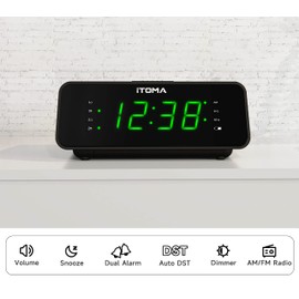 Alarm Clock with AM/FM Radio, 4-Level Dimmer, Snooze, Dual Alarms, Sleep Timer and Easy to Read 0.9" LED Jade Green Display iTOMA 2100