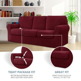 LINGERIN 7 Piece Stretch Sofa Covers for 1Base Cover 3 Cushion Couch Cover and 3 Backrest Cover for Living Room Furniture Slipcovers Thicker Jacquard Fabric (Wine Red)