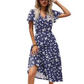 Zeagoo Summer Dress for Women 2025 Flutter Sleeve V Neck Midi Dress Fashion Casual Loose Fit Flowy Tiered Boho Beach Vacation Dress Blue White Flower XXL
