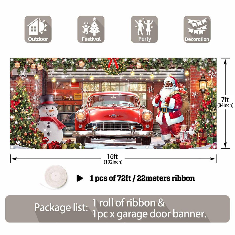 1PC 16x7ft Christmas Red Truck Garage Door Banner Decorations