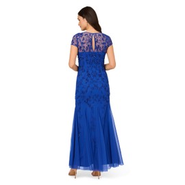 Adrianna Papell Studio Women's Bead Mesh Godet Gown, Brilliant Sapphire, 12