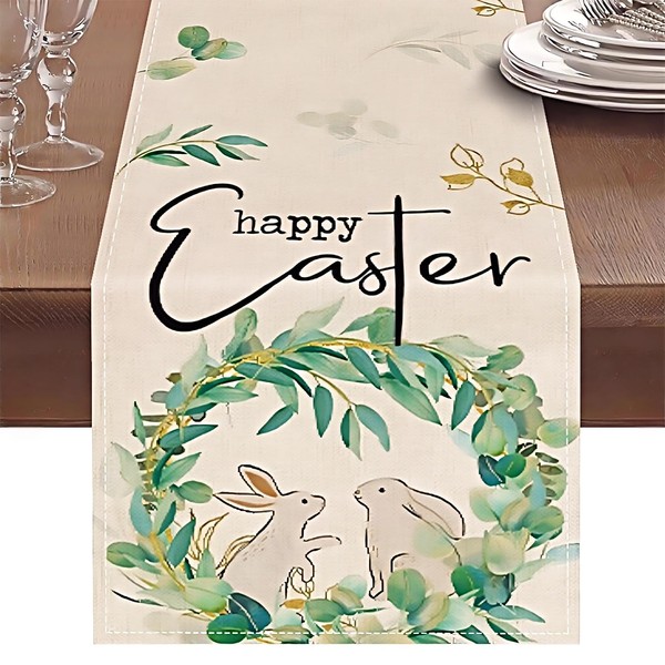 Zienlay Easter Table Runner, Bunny Rabbit Flowers Leaves Green Easter