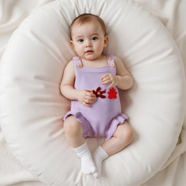 KMBANGI Newborn Toddler Baby Girl Sweater Romper Strawberry Floral Crochet Knitted Overalls Adjustable Suspender Shorts (Purple, 6-12 Months)