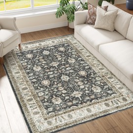 JINCHAN Area Rug 3x5 Washable Rug Floral Oriental Rug Accent Rug Indoor Floor Cover Non Slip Living Room Rug Distressed Vintage Rug Soft Rug Retro Carpet for Bedroom Dining Room Kitchen Taupe on Black
