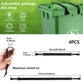 4PCS Trash Can Lid Lock for Animals, Adjustable Garbage Can Strap Lock, No Drilling Garbage Bin Lock Outdoor, Universal Trash Bin Cord Strap Security Against Raccoons, Prevent Tipping Over, No Tool