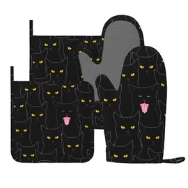 Fun Black Cat Oven Mitts and Pot Holders Set of 4 Silicone Heat Resistant Oven Mitten Potholders Non Slip Gloves Kitchen Decor for BBQ Cooking Grilling Baking