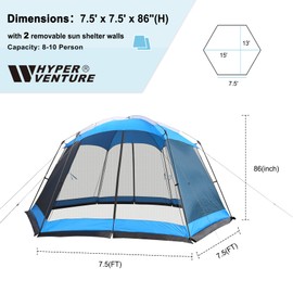 Hyper Venture Screen House 15x13 FT Mesh Canopy Tent with 2 Removable Sun Shelter Walls Camping Gazebo for 8-10 People Outdoor Party Activities, Blue