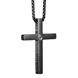 KouGeMou Cross Necklace Black Crucifix Bible Verse Jesus Cross Stainless Steel Catholic Pendant Jewelry with 23' Chain Be strong Be brave Be fearless You are never alone