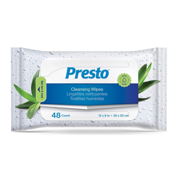 Presto Adult Incontinence Cleansing Wipes - Alcohol and Paraben Free for Fresh Skin, Made with Aloe - 576 ct (12 Bags of 48)