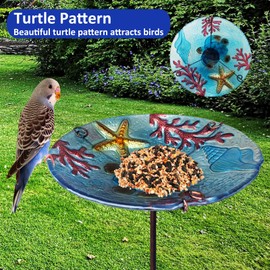 Bird Bath, Sea Turtle Glass Bird Bath for Outside, Birdbaths for Outdoors Bird Feeders with Metal Stake, Turtle Bird Bath Outdoor Décorations, Standing Small Birdbath Bowl for Outside-Sea Turtle Blue