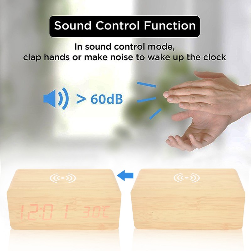 Wooden Clock Alarm Mobile Phone Wireless Charging Wood Voice Control