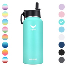 Vmini Water Bottle with New Wide Handle Straw Lid, Wide Mouth Vacuum Insulated 18/8 Stainless Steel, 32-40 oz