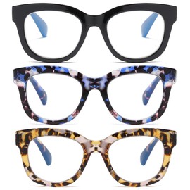ZXYOO Oversized Reading Glasses for Women,3 Pack Blue Light Blocking Computer Spring hinge Readers（Black&Violet Leopard&Y Leopard+1.75）