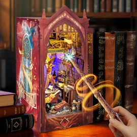 FUNPOLA 3D Wood Puzzle Magic Academy Book Nook Kit, Bookshelf Insert with LED Lights and Remote Wand Control, DIY Miniature Bookend Décor for Display (Magic Academy)