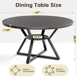 Concho 47" Round Kitchen Dining Room Table for 4-6 Circle Dining Dinner Table with Pedestal Metal Frame,Space Saving Wood Kitchen & Dining Room Furniture, Deep Grey