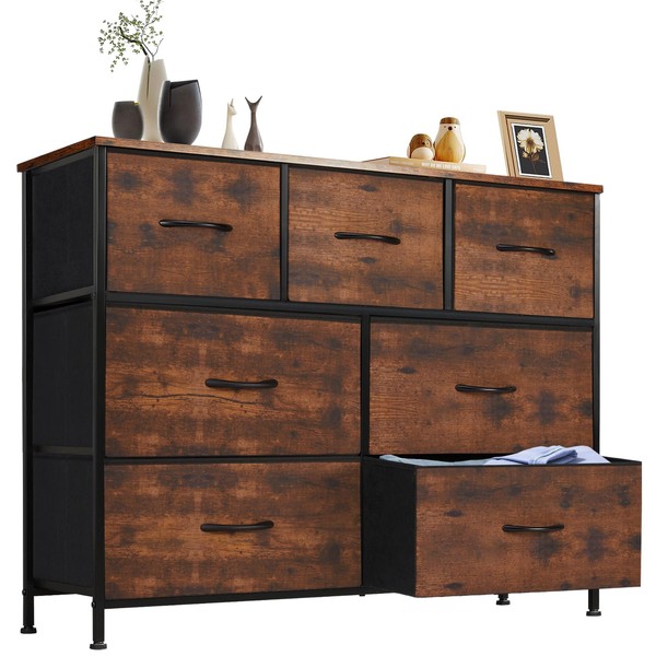 Dresser, Dresser for Bedroom, Storage Drawers, TV Stand Fabric Storage Tower with 7 Drawers, Chest of Drawers with Fabric Bins, Wooden Top for TV up to 45 inch, for Kid room, Closet, Entryway, Nursery