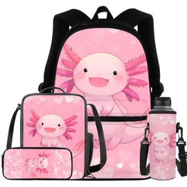Dreaweet Axolotl Backpacks for School Girls 3rd Grade with Lunch Box Water Bottle Sleeve Pencil Case 4 In 1 Elementary School Bag Set Kids Bookbag Lunch Bag Combo for Travel Camping