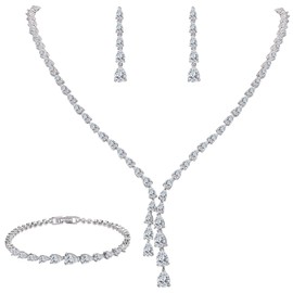 Clearine Jewellery Set Wedding Bridal Party Costume Zirconia Teardrop Necklace Tennis Bracelet Dangle and Earrings Jewellery Set for Women Clear Silver Tone, Cubic Zirconia, Cubic Zirconia