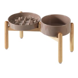 Havniva Ceramic Raised Slow Feeder Dog Bowl Set, Elevated 7.3inch Bowl and 8.2inch Slow Pet Food Dish with Wooden Stand for Medium and Large Dog (2 x Brown Coffee+ Stand)