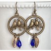 Bronze Bird, Golden Leaf and Cobalt Blue Teardrop Earrings Spring