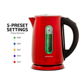 OVENTE Electric Kettle, 1.7L Stainless Steel Water Boiler and Heater with 1100W Power, Temperature Control, Keep Warm Function, Auto Shut-Off, Boil-Dry Protection and Cordless Serving, Red KS58R