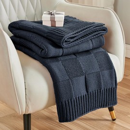 CozeCube Knit Throw Blanket,Navy Blue Checkered Throw Blanket for Couch,Soft Cozy Warm Knitted Throw Blanket for Bed Sofa Living Room,Decorative Spring Fall Throw Blanket 50"X60",Midnight Navy
